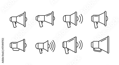 Megaphone icon set. Bullhorn line art vector. Loudspeaker symbol for announcement, marketing, promotion, alert. Communication and public address sign. Loud hailer illustration.