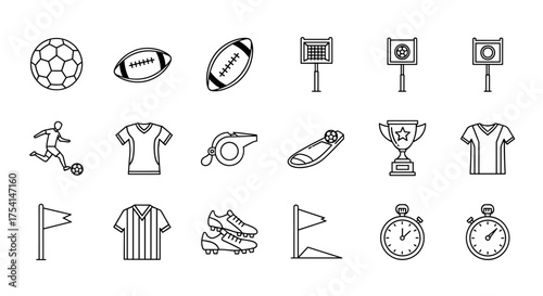 Set of Soccer and American Football Vector Icons. Includes Soccer Ball, Footballs, Goal Posts, Player, Jerseys, Whistle, Shin Guard, Trophy, Shoes, Flags, and Stopwatch Symbols for Sports Design