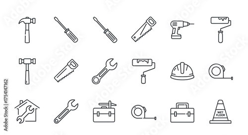 Construction and Repair Tools Set. Hammer, Screwdriver, Saw, Drill, Paint Roller, Wrench, Tape Measure, Safety Helmet, Toolbox, Home Repair and Maintenance Vector Icons Collection