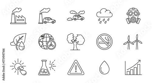 Environment pollution and green energy linear icons set. Factory smoke, car exhaust, acid rain, gas mask, wind turbine. Climate change, global warming, ecology vector symbols.