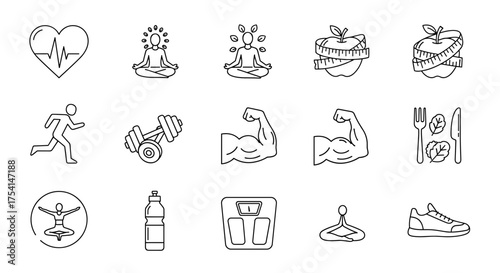 Health and fitness line icon set. Healthy lifestyle, sport, exercise, gym, yoga, and diet concept. Cardio, weight loss, nutrition, and muscle training vector symbols collection.