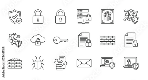 Cybersecurity icons set with protection, secure data, network security, firewall, virus bug detection, encrypted key, fingerprint authentication, and online security concept line art vector.