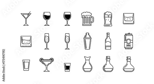 Set of minimalist cocktail and beverage vector icons including martini, wine, beer, whiskey, champagne, shaker, bottle, can, margarita, glassware, and decanter illustrations for bar and party design