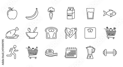 Healthy lifestyle line icons set with fruits, vegetables, meat, dairy, fitness equipment, diet symbols, food scales, shopping carts, and exercise, nutrition and wellness concept vectors