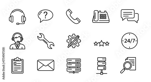 Customer support and communication icons collection, headset, chat, phone, settings, 24/7 service, email, server data, repair, rating, document search, business help desk system