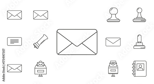 Minimalist black line art icons set of envelopes, stamps, mailboxes, push pins, and contact book, office communication, postal correspondence, messaging, and mailing concept vector illustration