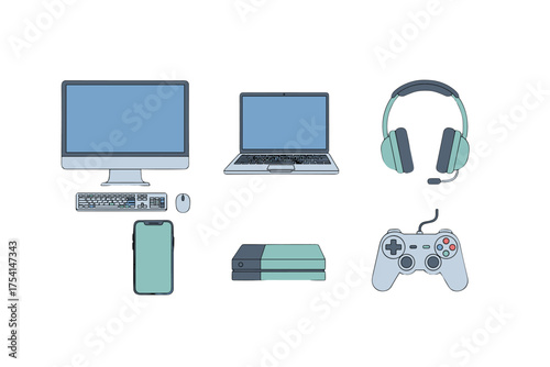 Technology icons set of digital devices and gaming gadgets. Vector line art illustration collection for UI design. Computer, laptop, console, controller, smartphone, headset.