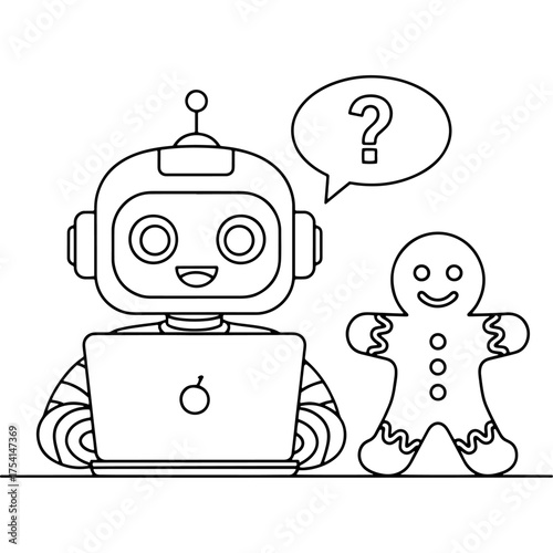 Customer support during holiday shopping. A friendly robot gingerbread man answers questions. Artistic black and white vector sketch of online customer service and chatbot technology.