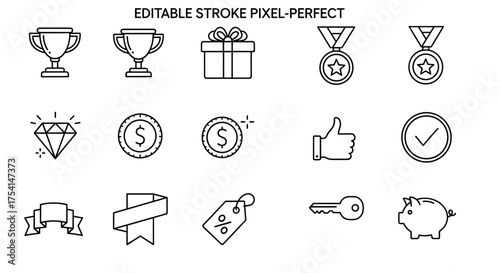 Rewards and success editable stroke pixel-perfect line icon set. Achievement, victory, finance concepts. Trophy, medal, prize, gift, diamond, coin, quality check, piggy bank.