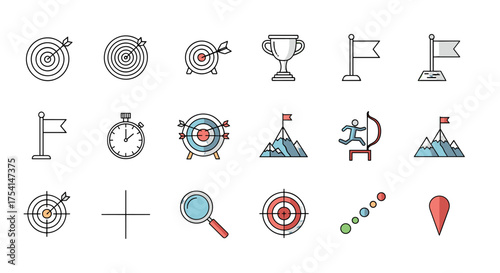 Goal achievement icon set. Business success and strategy vector symbols. Target, objective, aim, mission concepts. Line icons of dartboard, trophy, flag, mountain peak.