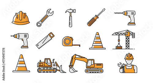 Construction tools and equipment vector icons set, safety helmet, wrench, hammer, screwdriver, electric drill, saw, tape measure, traffic cones, crane, bulldozer, excavator, worker with tools concept