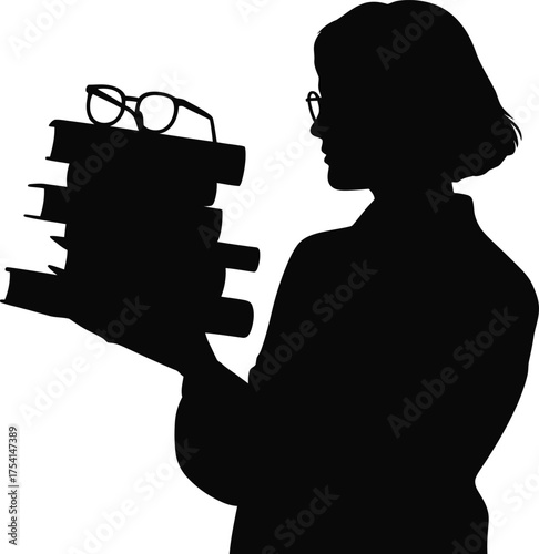 Silhouette of an intellectual woman burdened by heavy books representing knowledge and learning