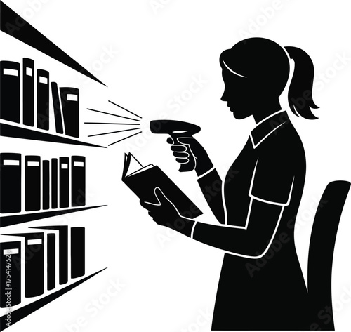 Librarian scanning book barcode for inventory management silhouette