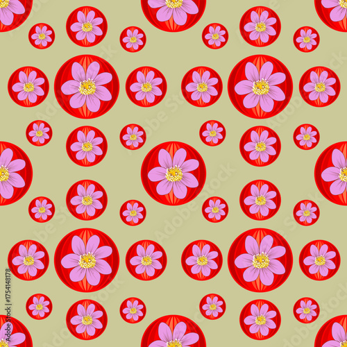  A repeating pattern of purple and yellow stylized flowers contained within concentric colored circles on a muted green background.