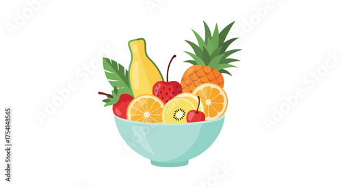 Vibrant fruit bowl illustration showcasing pineapple orange banana strawberry kiwi and cherries offering a refreshing visual appeal, symbolizing