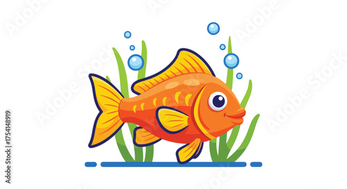 Vibrant goldfish illustration amidst aquatic vegetation and floating bubbles, set against a clean white backdrop showcasing a playful aquatic scene