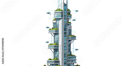 Futuristic Sustainable Skyscraper with Flying Vehicles and Green Terraces, Visionary Urban Planning and Innovation, Imaginary City of the Future