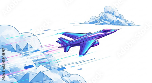Illustration of a fighter jet airplane flying through the clouds with speed lines vector graphic design