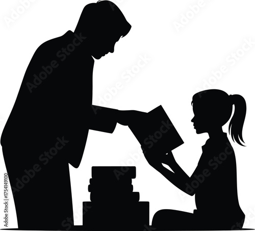 Teacher sharing knowledge with student in a distinctive silhouette style