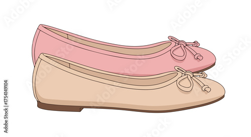 Illustrative rendering of two ballet flats stacked on top of each other, featuring soft pastel tones and delicate bow details to enhance aesthetic
