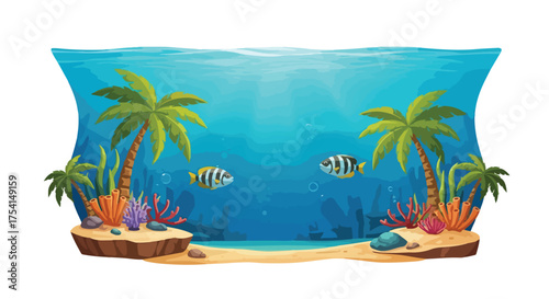 Vibrant Tropical Island Scene Featuring Striped Fish, Lush Palm Trees, and Coral Reefs in Crystal Clear Waters