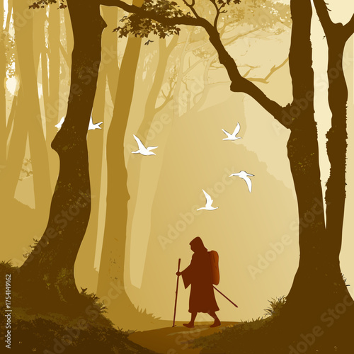 Silhouette traveler walking through forest with birds on sepia background