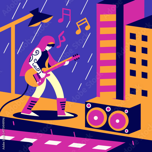 Guitarist in the rain playing music in the city street