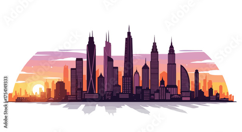 Metropolitan Panorama: A stylized cityscape illustration with dusk sky and towering buildings forming an intricate skyline backdrop