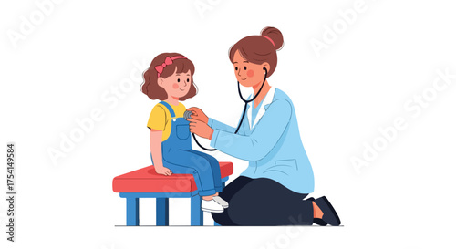 Doctor checking little girl with stethoscope at medical checkup, showing a reassuring and caring moment between healthcare professional and patient