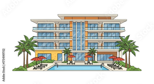 Illustrative seaside resort featuring a turquoise pool, palm trees, and modern apartment building vacation escape design drawing style
