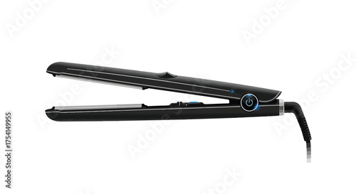 Sleek black hair straightener with modern design elements showcasing open plates and power button on a plain background offering hair styling