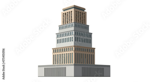 Isometric view of a towering architectural structure showcasing symmetrical tiered levels and repetitive window designs against white backdrop