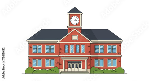 Charming cartoon illustration showcasing a classic brick-built educational establishment with prominent clock tower and picturesque landscape elements