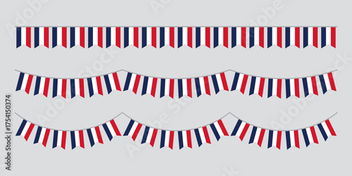 Seamless Blue, white and red colored, as the colors of the national flag of France party bunting border. Flat design illustration.