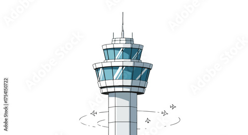 Stylized illustration of an airport control tower with miniature airplanes circling representing air traffic management and aviation oversight