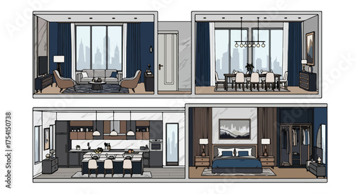 Sophisticated apartment interior design showcasing living, dining, kitchen, and bedroom spaces in harmonious color palettes and modern aesthetics