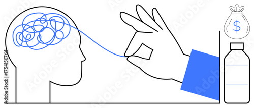 Hand untangles lines from head symbolizing mental clarity, creativity, and problem-solving. Ideal for psychology, therapy, innovation, stress management, finance healthcare mental health. Simple