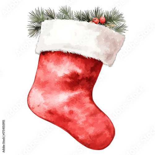 Cozy Watercolor Christmas Stocking with Pine and Berries
