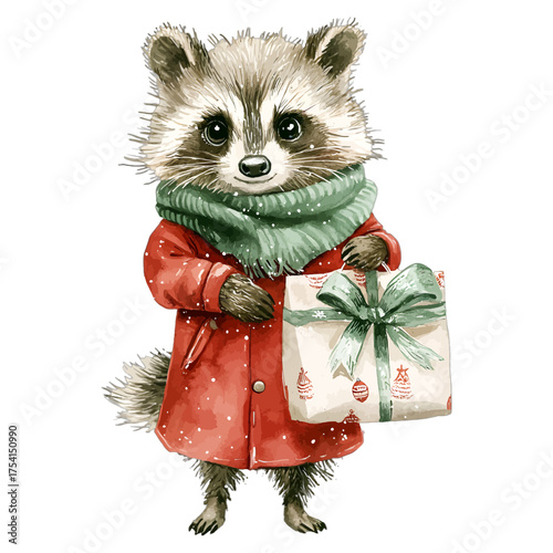 Obraz na plátně Cute Watercolor Raccoon with Gift: Cozy Christmas Animal Clipart