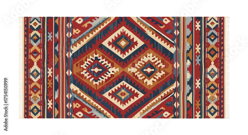 Detailed kilim rug featuring complex geometric patterns and warm, earthy colors evoking a sense of cultural heritage and textile art