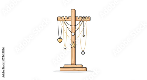 Wooden Jewelry Display Stand with Elegant Necklaces, Fashionable Accessory for organized storage and style presentation, isolated on a clear