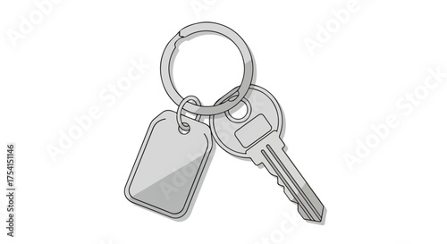 Digitally rendered illustration of a key ring, showcasing a key alongside a blank rectangular tag suspended from a circular metal ring