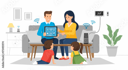 Happy Family Using Iot Devices At Home And Controlling With Tablet