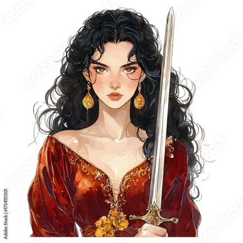 Elegant Fantasy Warrior Woman with Sword: Watercolor Clipart
