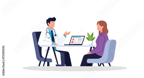 Doctor Explaining Diagnosis to Female Patient with Laptop During Medical Consultation, Medical Care Concept