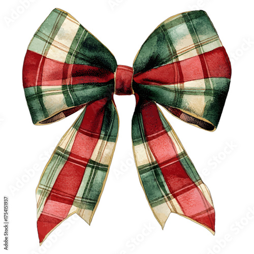 Plaid Christmas Bow Watercolor Clipart: Red and Green Festive Ribbon
