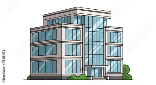 Modern stylized architectural rendering of a commercial office building with expansive glass windows showcasing contemporary design and urban