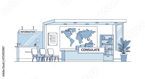 Elegant hand-drawn style illustration depicting the interior of a consulate office with information desk and world map, conveying international