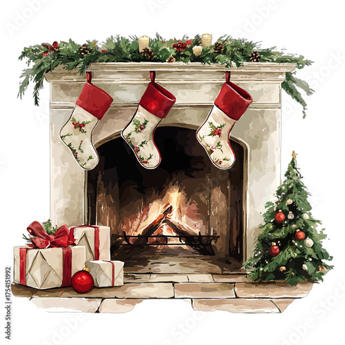 Cozy Christmas Fireplace Clipart: Festive Mantle with Stockings and Tree
