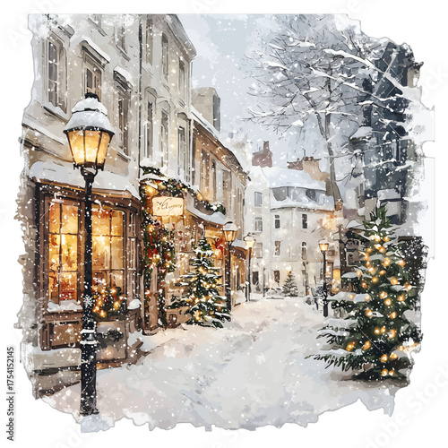 Cozy Snowy Street with Christmas Lights: Watercolor Holiday Village Clipart
